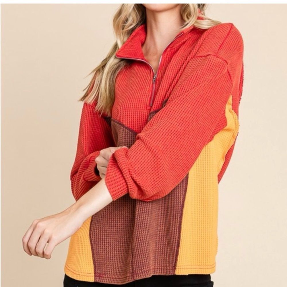 NWT Mineral Wash Colorblock Waffle Quarter Zip Sweater - Picture 2 of 9